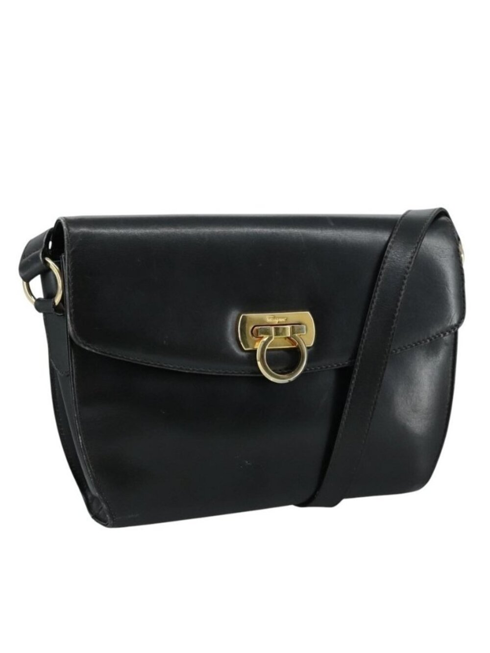 Authentic Salvatore Ferragamo Gancini Shoulder Bag Leather Black